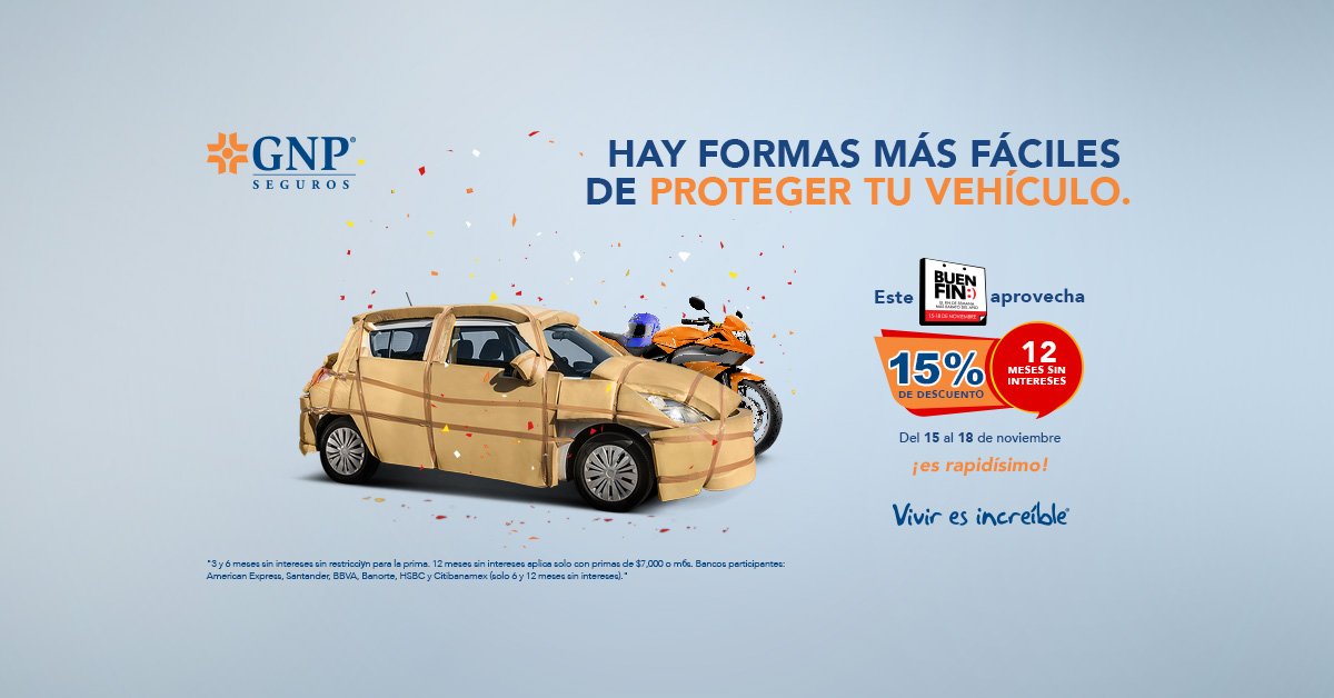 GNPSeguros's tweet photo. ¡Ya está aquí #ElBuenFin! Asegura tu vehículo 🚘🛵 con 15% de descuento y hasta 12 MSI. Contrata en https://t.co/phXzzbBiHi o con tu #AgenteGNP #Viviresincreíble https://t.co/sTc064mObU