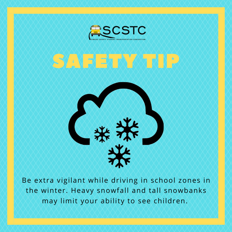SCSTC_SchoolBus's tweet photo. SCSTC Safety Tip: Be extra vigilant while driving in school zones in the winter. Heavy snowfall and tall snowbanks may limit your ability to see children. https://t.co/BbDFcMioWV