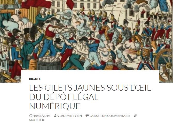 Nouveau billet à découvrir sur #WebCorpora notre carnet de recherche <a href="/hypothesesorg/">Hypotheses</a> ! Les #GiletsJaunes sous l’œil du dépôt légal numérique #digitalhumanities #humanitésnumériques #webarchiving 
 webcorpora.hypotheses.org/750