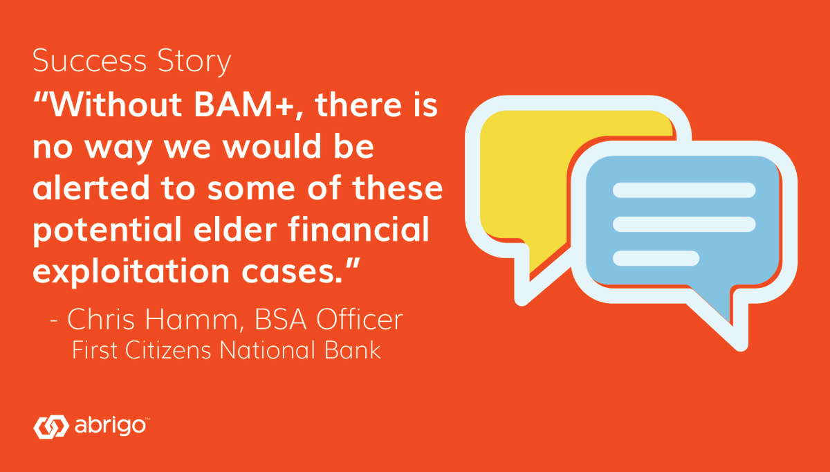 weareabrigo's tweet image. Elder #financialexploitation (EFE) is a growing problem across the country. First Citizens National Bank relies on single- and multi-channel fraud detection in BAM+ to alert them to potential EFE cases, helping them better protect their customers. 

bit.ly/2Xhfm6v