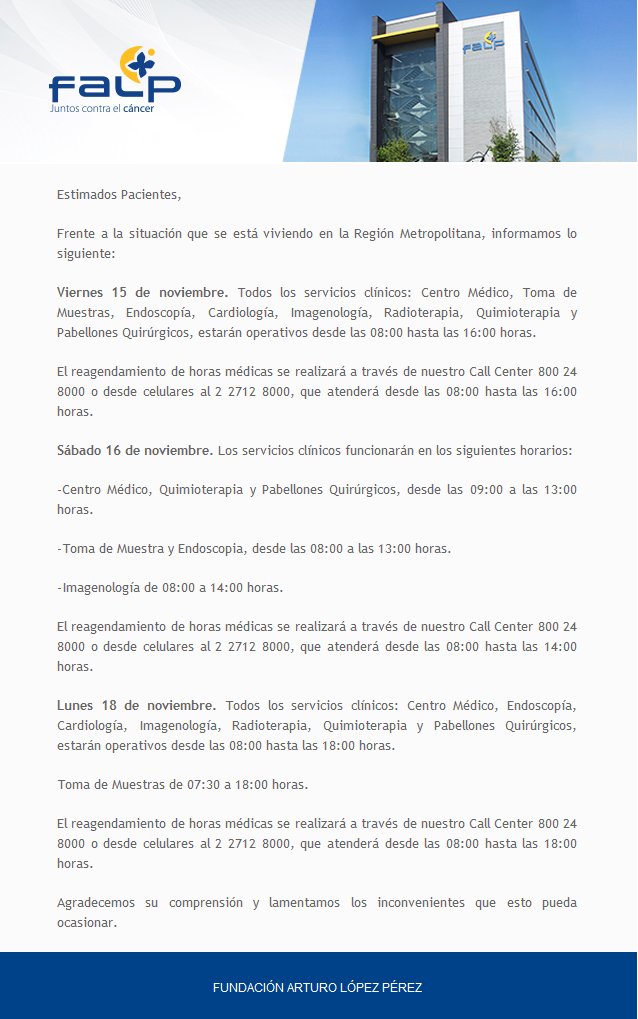 Querida comunidad FALP:
Informamos actualización de horarios de atención: