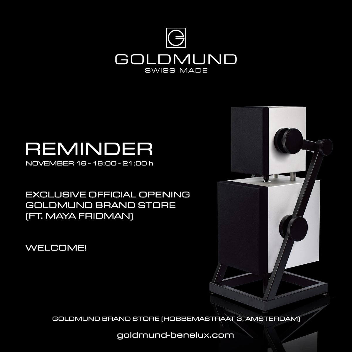 GoldmundB's tweet photo. WELCOME!
November 16th, official opening of the first European @goldmundaudio brand store (Hobbemastraat 3 - next to MOMO - #Amsterdam). 

More information &amp; registration: 
https://t.co/pDB0CWkEZl

#JustMusic #PlugPlayEnjoy #GOLDMUND #highendaudio #hifi #design #Amsterdam https://t.co/UneVCFvi2B