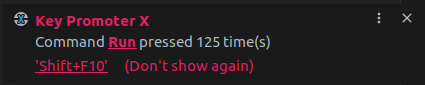 Key promoter telling me I've pressed the run button a bunch of times in GoLand instead of the hotkey (because my hotkey brain is messed up from transitioning from OSX to Ubuntu), and telling me how to correct it.