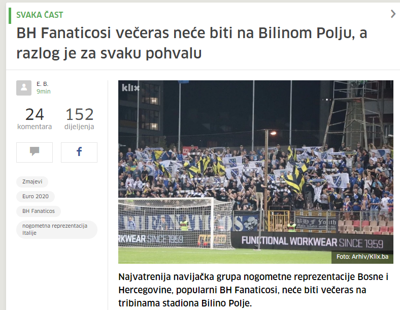 BHFanaticos wont be on the stands tonight. Instead of attending the game BHF has decided to make some less fortunate children happy by paying for their food and tickets tonight.

This is a WONDERFUL gesture by BHF, Bosnia-Herzegovina's biggest supporter group. 👏

#BIHITA