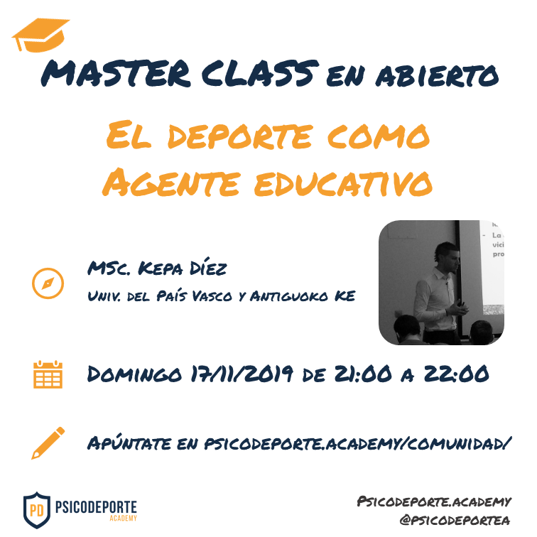 ¡Te recordamos que este domingo 17/11 tendremos a <a href="/Kepa_Diez/">Kepa Díez</a> con la Master Class "Deporte como agente educativo". En directo, en abierto y gratuita.

Apúntate a nuestra Comunidad para poder asistir: psicodeporte.academy/comunidad/

¡No te la pierdas!