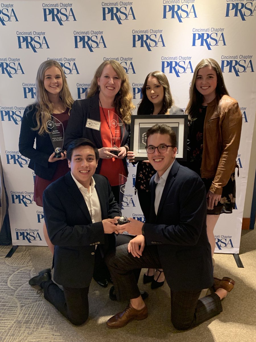     Back row (l-r): Alyssa Kuelthau, Shara Clark, APR (faculty advisor), Heather McCowan, Carly Leonard. Front row (l-r): Diego Marcucci, Alex Cooley
