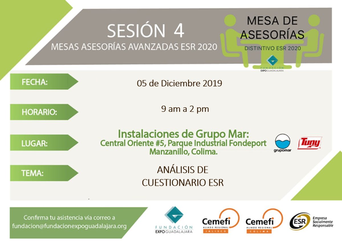 Asistentes de Mesas de Asesorías #Colima, en esta sesión se abordará el bloque "Análisis de Cuestionario ESR", vayan preparando sus preguntas para resolverlas en esta sesión 4 el día 05 de Diciembre a las 9am en las instalaciones de <a href="/Grupomar/">Grupomar®</a>