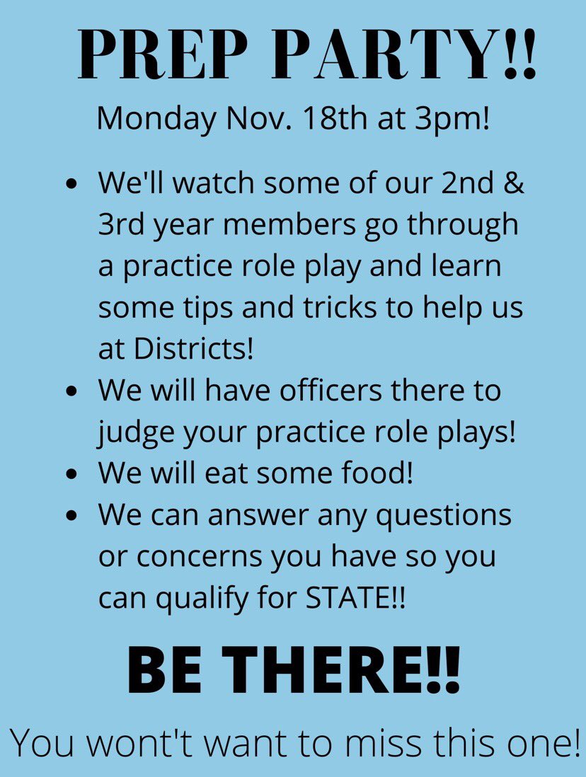 Districts is so close! Come to the prep party this Monday so that you can practice and get to state!! You don’t want to miss this one!