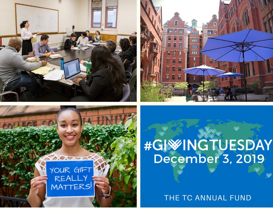 TeachersCollege's tweet photo. Giving Tuesday is just around the corner. Support the fields of education, health, and psychology, and help TC's students to make an impact on the world. https://t.co/UqMcCBYcmI #TCFundFriday #GivingTuesday https://t.co/5Z1roACGUr