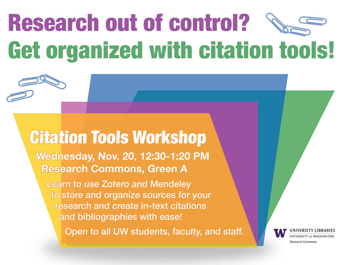uwrescommons's tweet photo. Need help organizing your research? Join us at the Research Commons on Wednesday, November 20th at 12:30 PM for a Citation Management Tools Workshop! Open to all UW students, faculty, and staff. https://t.co/IoxtL3tdxv