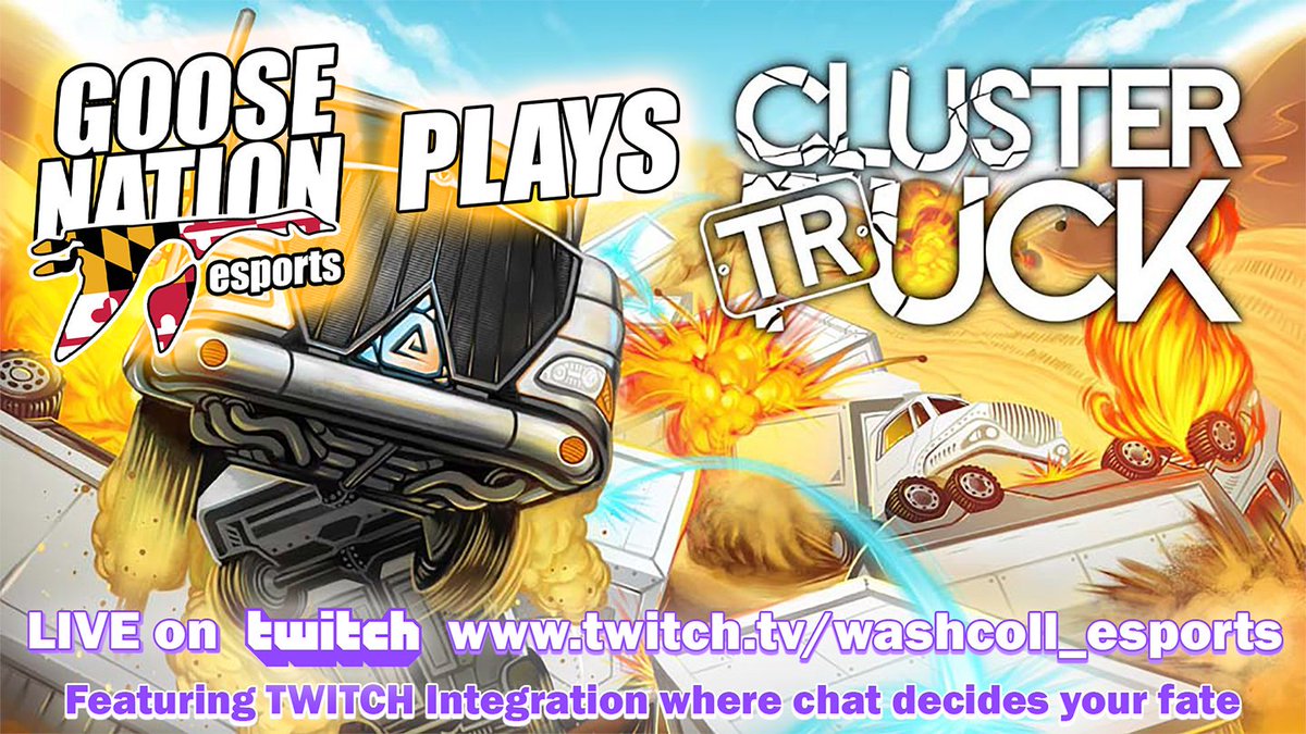 WashCollEsports's tweet photo. Tonight Washington College Esports plays #ClusterTruck from developers @LandfallGames . Let's see if the crew can get past the first level without rage quitting this week on Indie Friday! Come say hello at 7pm EST 

https://t.co/h7hs8IPJuf 

#washcoll #goosenation #indiegames https://t.co/x2kBRPIoEC