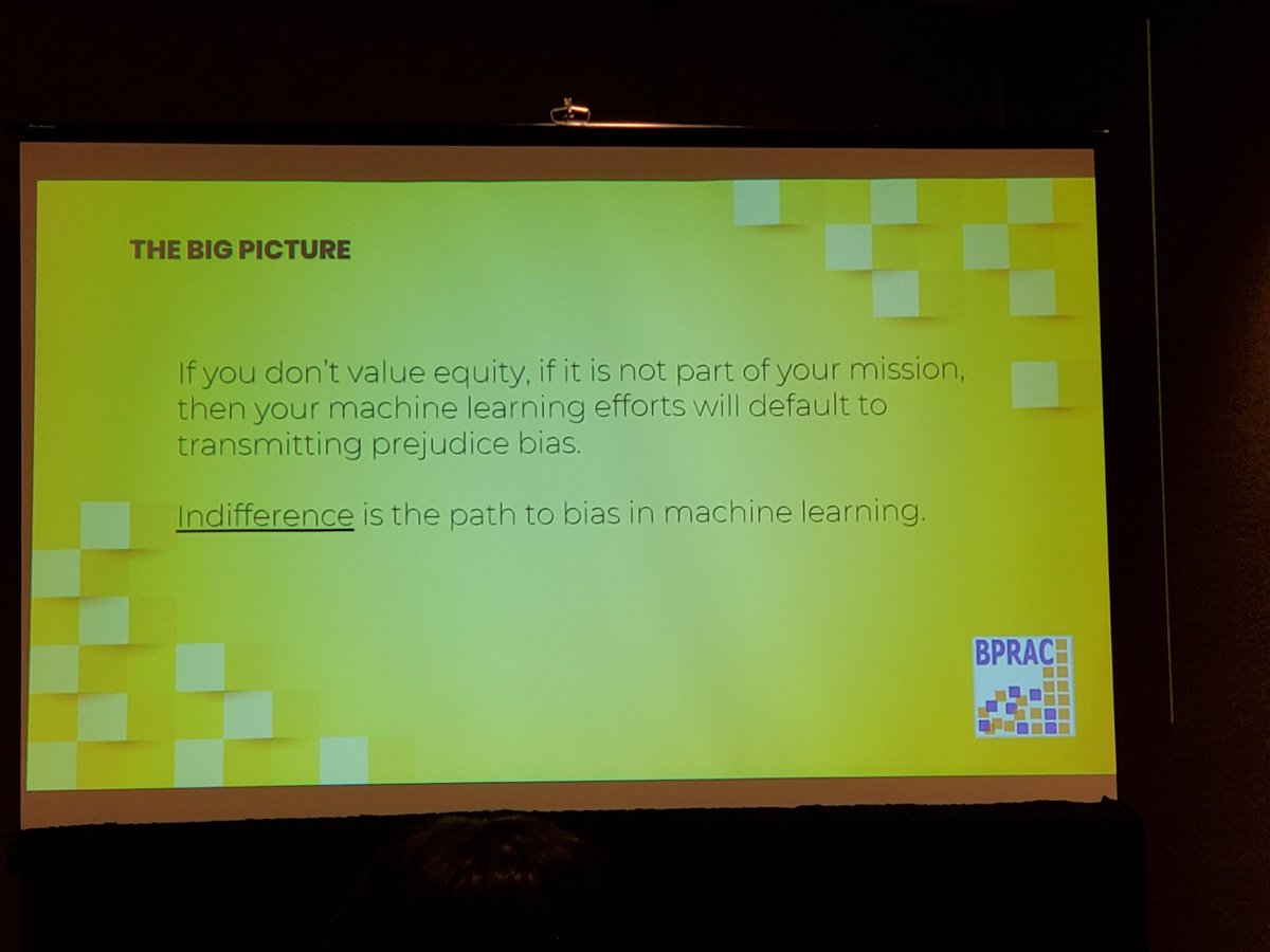 "Indifference is the path to bias in machine learning". Excellent discussion by @JesseRioRussell on equity and machine learning, challenging us to judge algorithms according to what we will do with them #Eval19