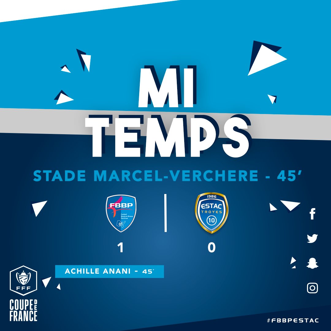 estac_officiel's tweet photo. ⌚️ | 45' À la mi-temps, le @FBBP01 mène 1 but à 0 grâce à Achille Anani, juste avant la pause. Il reste 45 minutes aux joueurs de Laurent Batlles pour inverser la tendance ! Allez les #Troyens ! #FBBPESTAC #7eTourCDF https://t.co/cBLMa9fHNr
