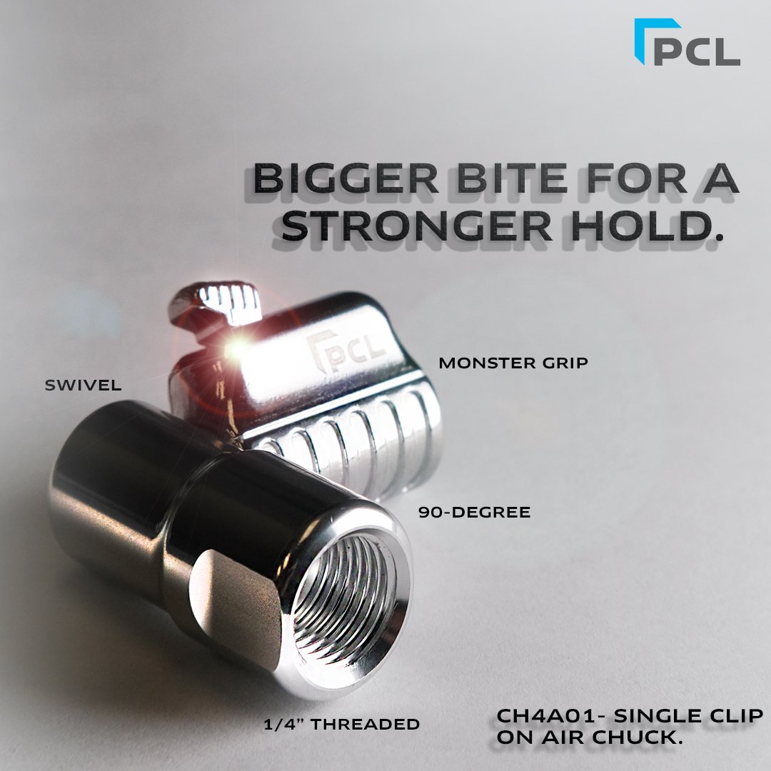 USA_PCL's tweet photo. Crafted from the finest zinc alloy, aluminum, and brass, the new CH4A01 boasts monster grip. Simple thumb push operation for a quick release from your tire. #tires #airchucks #PCLUSA #PCL #garageequipment #garageequipmentsupply #cliponchuck #tireinflation #tireinflationsystem https://t.co/0YXPTj8K49