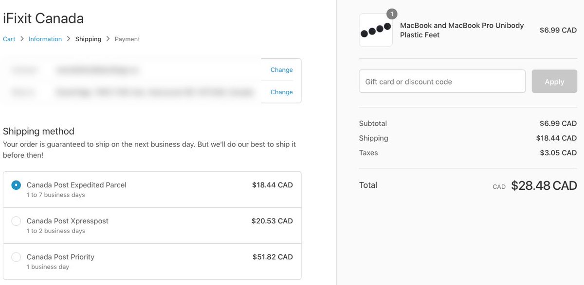 davidngos's tweet photo. 4 plastic feet for MacBook Pro from #ifixit costs $18.44 to ship?! Item cost is 6.99 and weighs next to nothing. Something is off about this. Yowza. https://t.co/RZbxZz5tji
