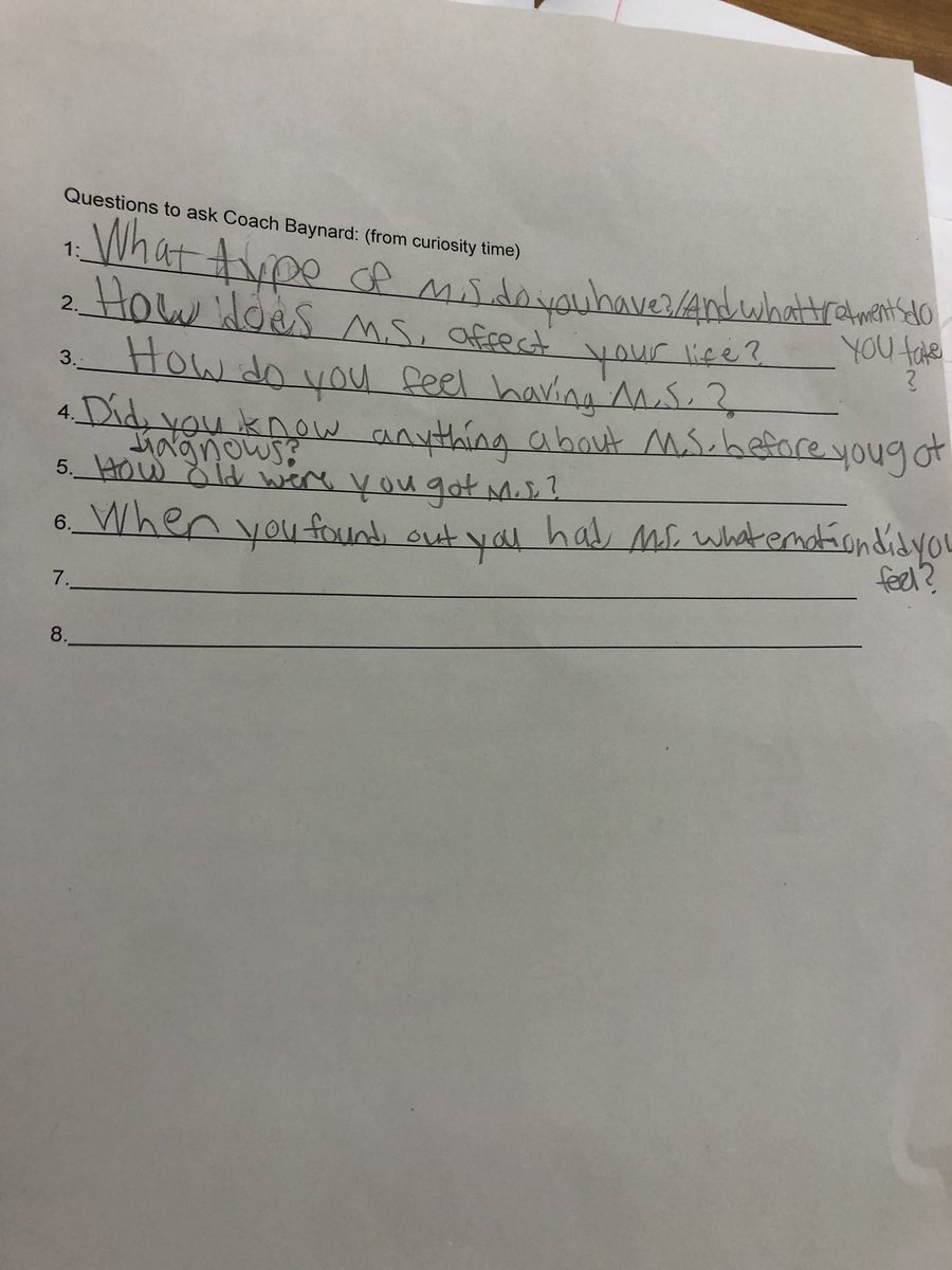 Christi00048821's tweet photo. Mr. Settle’s 5th graders learned the importance of asking good questions during curiosity time today. They created interview questions to ask during a podcast they are creating. The topic they choose is awareness of the disease MS. #hopewelmagic https://t.co/cYFSZglrVe