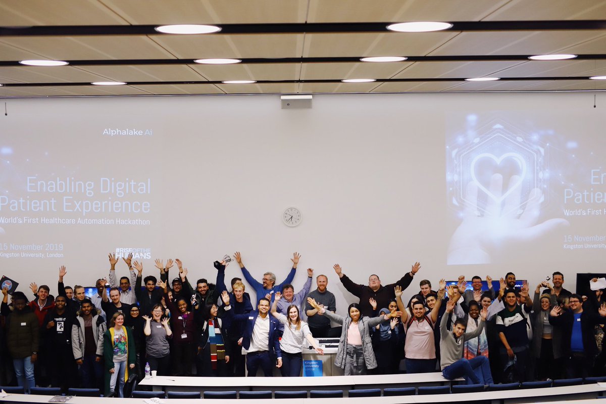 AlphalakeAi's tweet photo. Two very quick shots from the finale of the #WorldFirstHealthAutomationHackathon at @KingstonUni with @AutomationAnywh — many, many more pics to follow and we’re so incredibly proud of the teams; some beyond innovative ideas all round 👏
#DPX2019 #RiseOfTheHumans #NHSautomation https://t.co/PuLpagiRlP