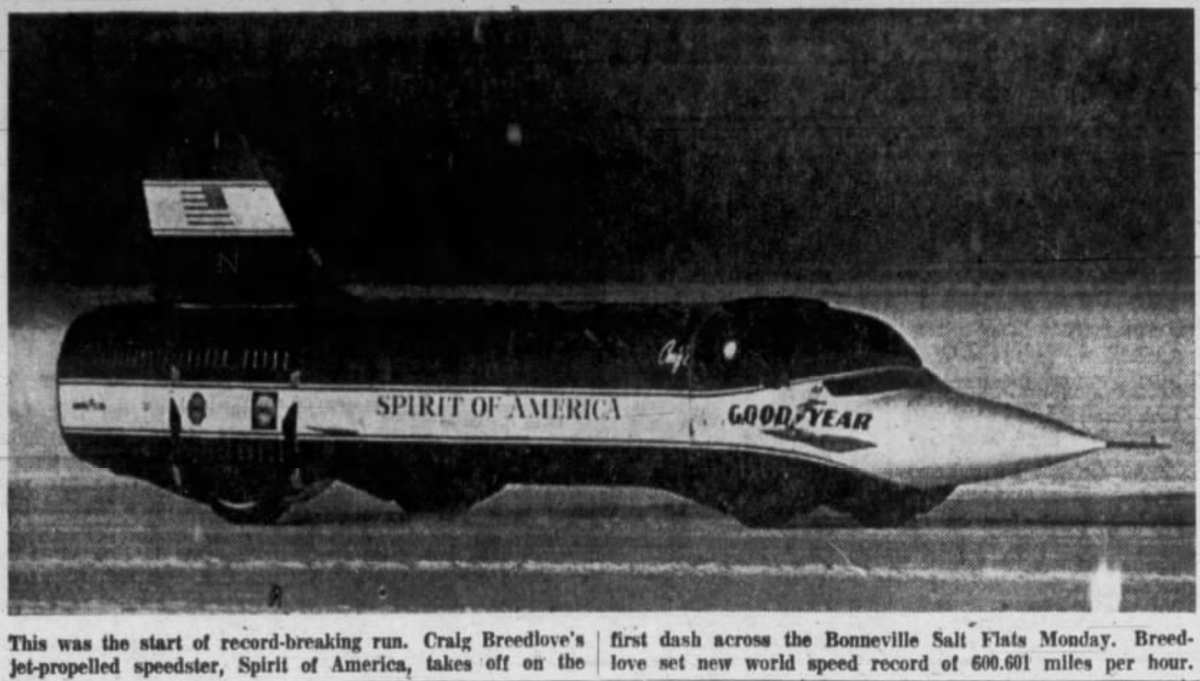 SportsOfYore's tweet photo. #OTD in 1965, Craig Breedlove set the world land speed record while breaking the 600 mph barrier when he drove Spirit of America Sonic I at a two-run average of 600.601 mph across Utah's Bonneville Salt Flats. 🚀🚗

#OnThisDay #SportsHistory https://t.co/FKLcY50FMz