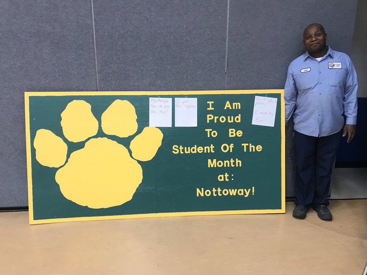 Nottoway_Elem's tweet photo. It takes a village!  Mr. Branch made a wonderful sign for our student of the month!  Everyone please show him some love!  #nescougars #principalsinaction #scpsva https://t.co/jibce5pyO0