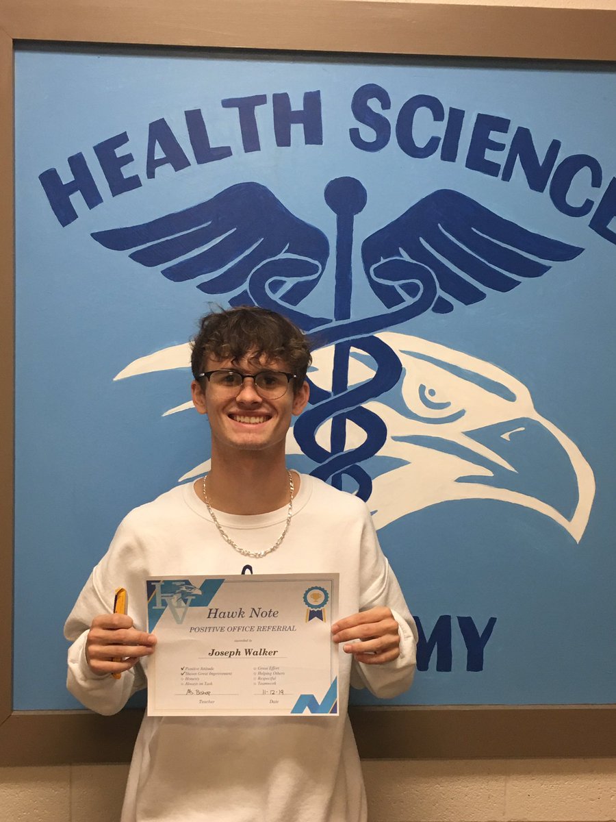 Help us celebrate Joseph Walker. He has earned a Hawk Note for being a positive influence in Ms.  Bishop’s class. He has also shown great improvement this semester. Thank you Joseph for helping HVA spread the positive! @HVAPrincipal <a href="/HVAHawks/">Hardin Valley Academy</a>
