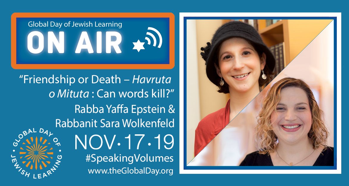 TheGlobalDay's tweet photo. #Havruta is partnered learning &amp; comes from the same root as the word for "friend". Tune in 10am EST Nov 17 to watch lifelong havruta partners Rabbanit Sara Wolkenfeld (@SefariaProject) &amp; Rabba @YaffaEpstein (@WexnerTweets) discuss this practice. 
Watch at https://t.co/62Cor5C4xv https://t.co/k1TCsPUJW5