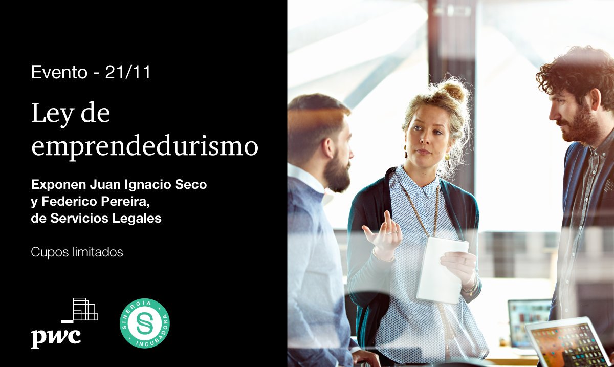📅 El 21/11 <a href="/Sinergiadora/">Sinergia Emprendimientos</a> y PwC Uruguay organizan una charla sobre la ley de fomento del emprendedurismo, las SAS y el crowdfunding. Expondrán Juan Ignacio Seco y Federico Pereira, de Servicios Legales. Cupos limitados. 

Info e inscripciones: bit.ly/Inscripciones_…
