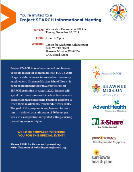 We are so excited to share information about our Project SEARCH Program!  Please join us on either 12/4 or 12/10 to learn more about this beneficial program for our high school students with disabilities.<a href="/SherryDumolien/">Sherry Dumolien</a> <a href="/theSMSD/">SM School District</a> <a href="/SMSDspedFamily/">SMSD Special Education Families</a>