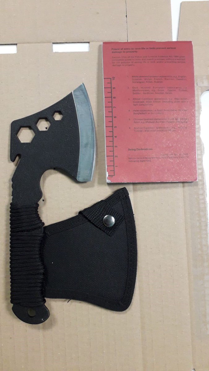 MPSNewham's tweet photo. Yesterday as part of #OpRainbow #ProjectServator officers stopped a vehicle with two occupants. Both occupants were arrested for possession of an offensive weapon and for drug supply, after this axe was found as well as varying amounts of cocaine, cannabis and ecstasy. https://t.co/YsGFSYcC2F