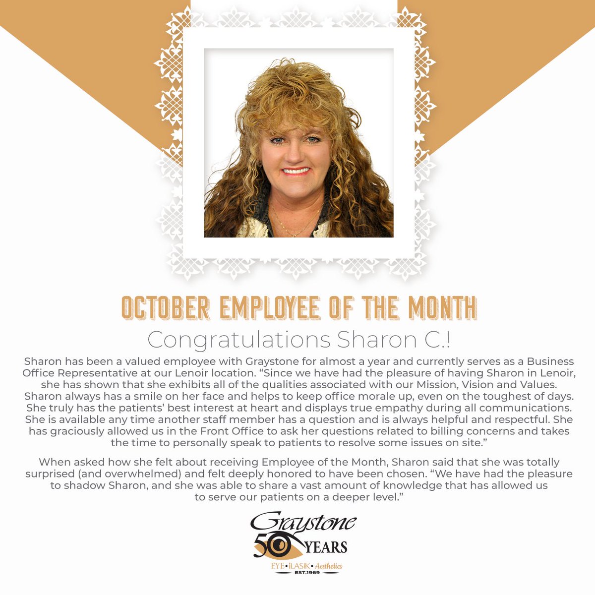 GraystoneEye's tweet photo. Congratulations to our October Employee of the Month, Sharon C.!
#GraystoneEye #FocusedOnYou #EmployeeOfTheMonth https://t.co/k45yV4SvpY
