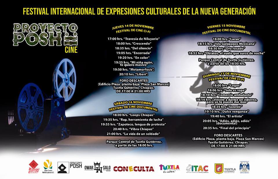 Hoy <a href="/ProyectoPosh/">Proyecto Posh</a> 
Parque Central de Tuxtla Gutiérrez, Chis.
18:00 | "Lacus" de Ignacio Miguel Ortiz
18:15 |  "La isla Galápagos mexicana" de Tania Claudia Castillo
18:30 | "Oro Rosado" de Daniel Zúñiga
18:52 | "Oblatos, el vuelo que surcó la noche" de Acelo Ruiz Villanueva