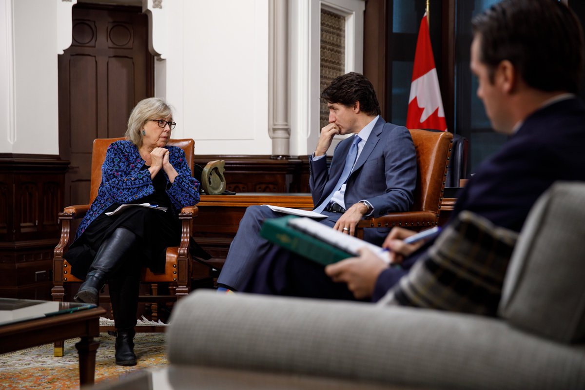 CanadianGreens's tweet photo. The climate crisis isn’t a partisan issue. Elizabeth May and Justin Trudeau sat down today to talk about how they can work across party lines to solve the most pressing issue of our time. Greens are fighting for a liveable future and better world. We hope the Liberals will too. https://t.co/Xz06zbIzX8