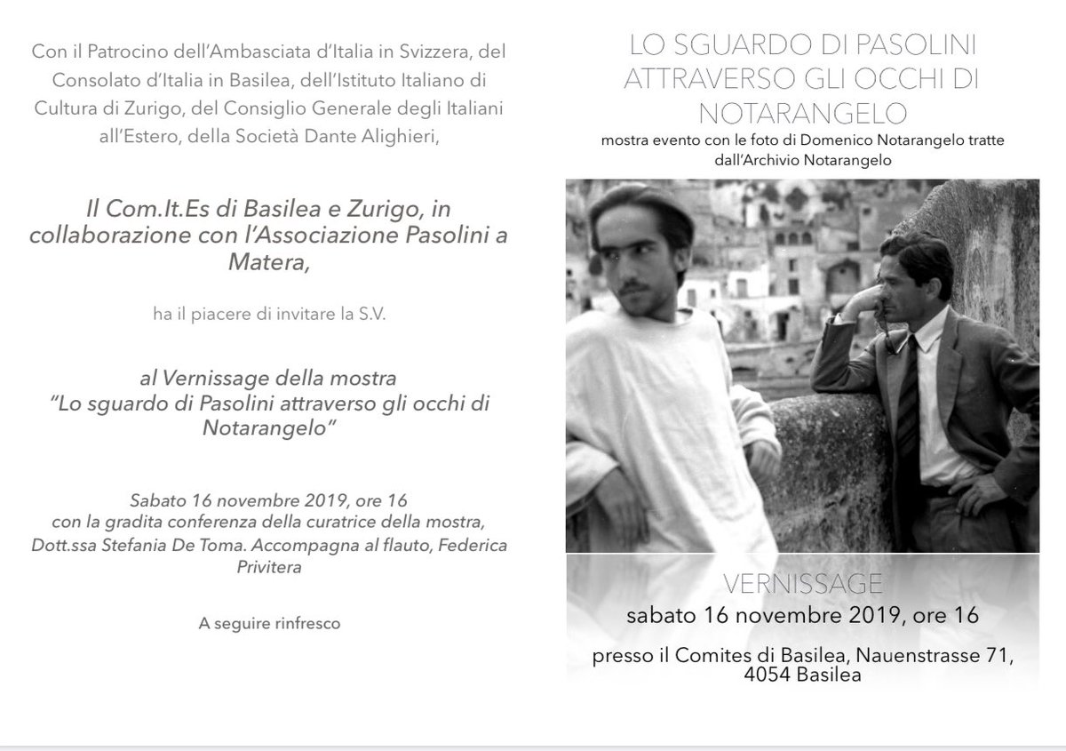 BasileaComites's tweet photo. #Pasolini #Notarangelo #Matera tre omaggi in un’unica straordinaria mostra. Vernissage domani 16/11 ore 16 presso il @BasileaComites.Vi aspettiamo! @PPietromaria @SilvioMignano @la_dante @AiseStampa @UniBasel @IICZURIGO https://t.co/zkaWzOdxOB