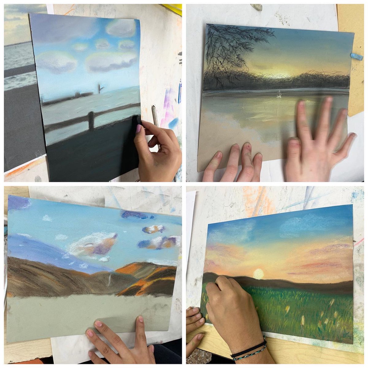 7th graders have been hard at work on their chalk pastel landscapes. Check out those colors! #middleschoolart #chalkpastel #landscape #arted #artsed #arteducation #artsednow #aenj #k12artchat #fabartsfri #connectxrds #tellourstoryxrds