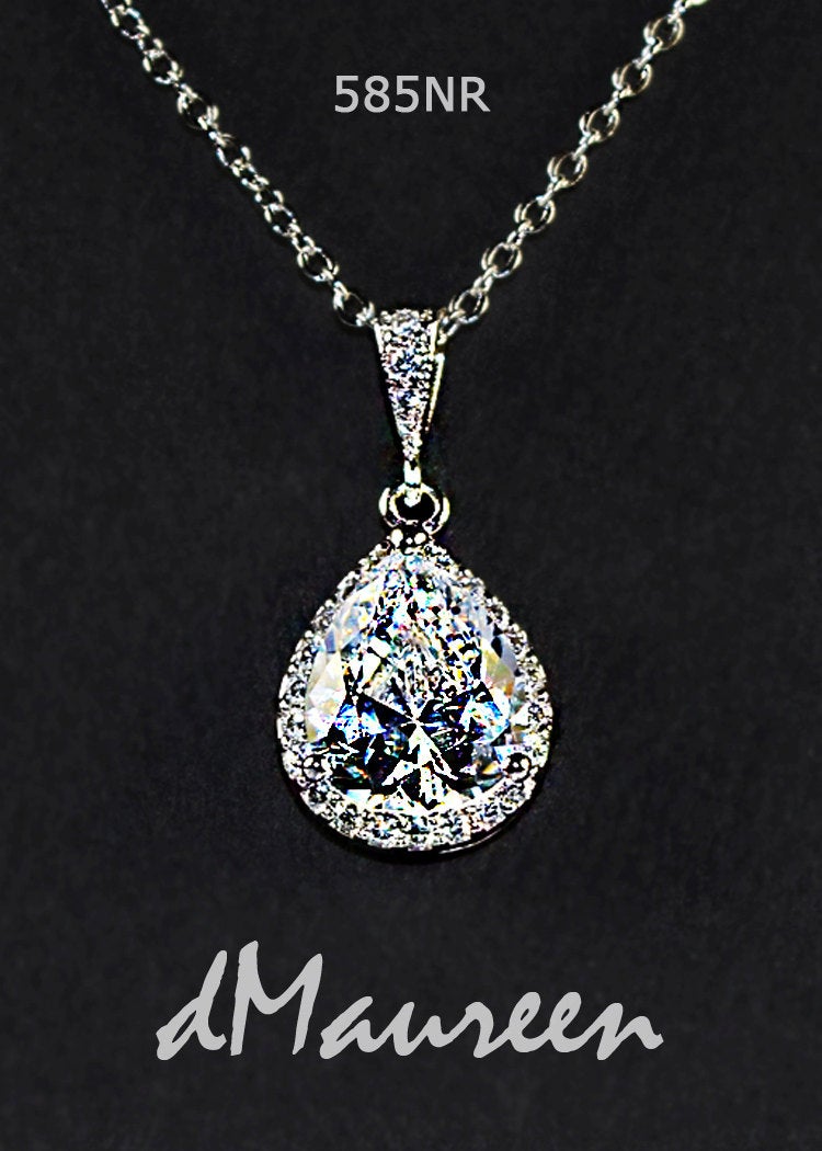 CZ Bridal Jewelry 585NR. White Gold Bridal Necklace Pear cut Cz pendant on chain. White gold necklace. Cubic Zirconia Cz Wedding Jewelry. tuppu.net/6b881b55 #dMaureenVastine #Etsy #CzPendant