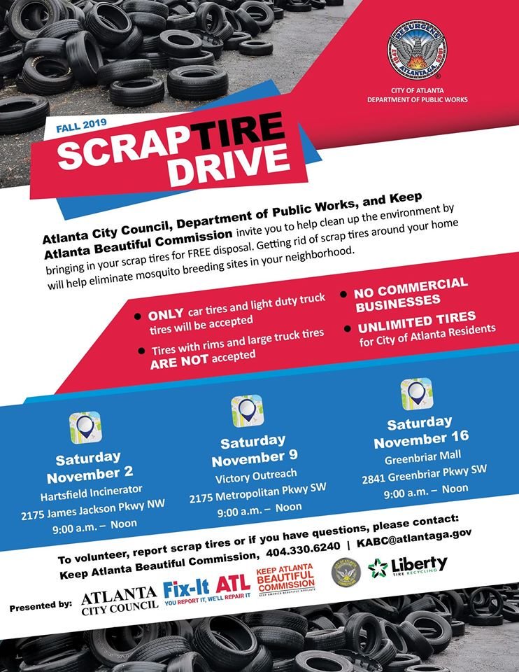 ATLPublicWorks's tweet photo. Today is #AmericaRecyclesDay! Be sure to come recycle your items tomorrow on the final #Saturday of the Fall Scrap Tire Drive at @GreenbriarMall. Bring your old tires, electronics, clothing or even paper for paper shredding! #keepatlantabeautifulcommission https://t.co/o0ybKkIDIs