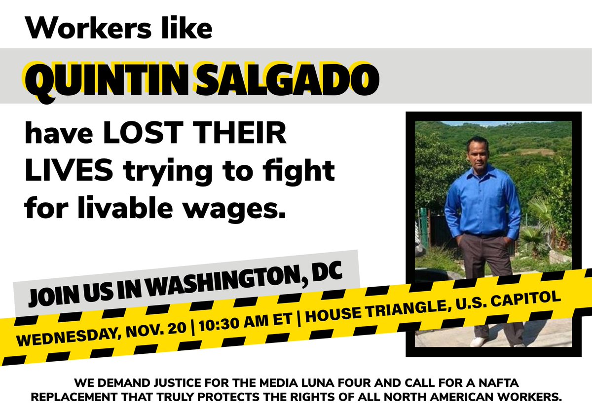 ReplaceNAFTA's tweet photo. 11/20: Join us to demand justice for Mexican unionists who were murdered during #NAFTA renegotiations. RSVP: https://t.co/YivIbA8eOD https://t.co/P8Rz3KGdT1