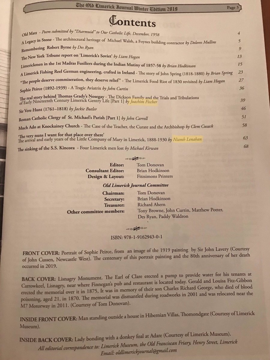 NiamhLenahan's tweet photo. Delighted to see my latest article featuring in the Winter 2019 edition of The Old Limerick Journal along with another faculty member Dr Joachim Fischer @StudyArtsUL @ResearchArtsUL @Niamh_NicGhabh @mlal_ul @LimerickLibrary #oldlimerickjournal https://t.co/IYjumJqKH7
