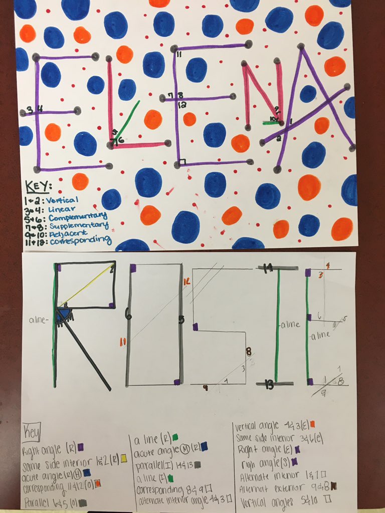 MsBLawson's tweet photo. Ended the first trimester in Geometry with the “My Name in Angles”  project! Students showed their creativity and demonstrated the different angle pairs we’ve learned about. Here’s a few that made me proud! https://t.co/utgeMZoVUv