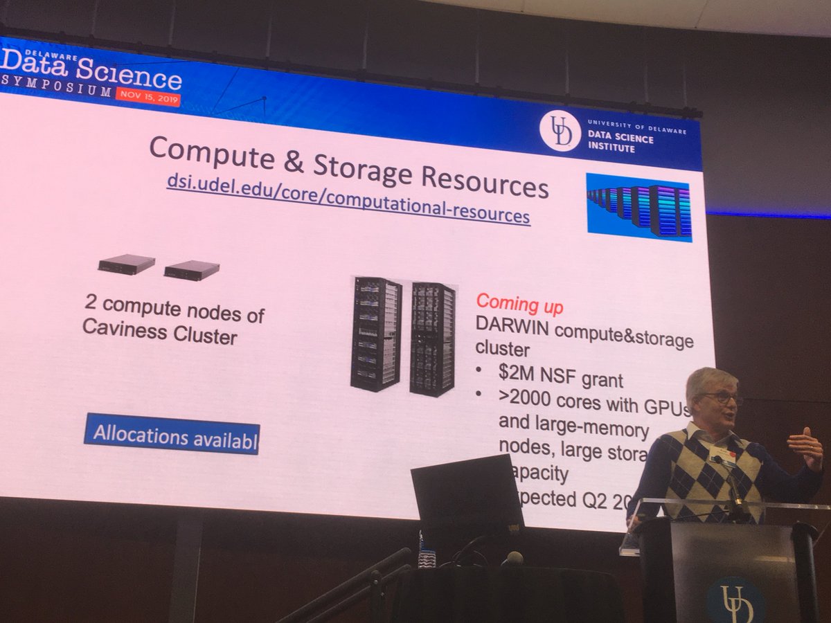 fedhere's tweet photo. Rudi Eigenmann (Computer Engineering) on the #cyberinfrastructure available at @UDelaware including the shiny new @NSF funded DARWIN cluster - look forward to #Darwinday where all the exciting research we will do on DARWIN will be showcased! #datascienceUD19 https://t.co/KeTz9g0Zpo