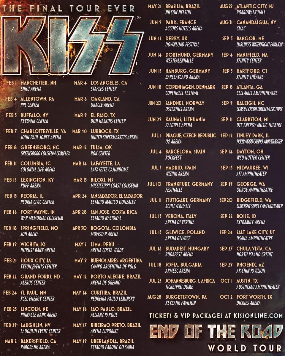 kiss's tweet photo. Over 70 new 2020 #EndOfTheRoad dates! Don't miss your last chance to see KISS. Full details→ https://t.co/SEH9kDzIZl https://t.co/BBg12zA6UM