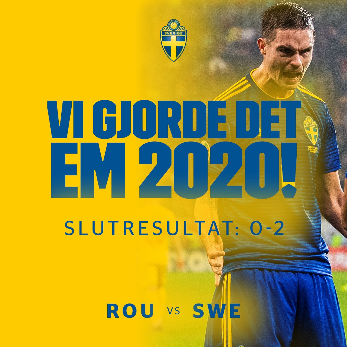 svenskfotboll's tweet photo. VI ÄR I EM 2020!! Tillsammans gjorde vi det! 🇸🇪🇸🇪 Tack för det otroliga stödet, alla till Friends på måndag så firar vi!! 🇸🇪🇸🇪 https://t.co/bHSZHzddLL