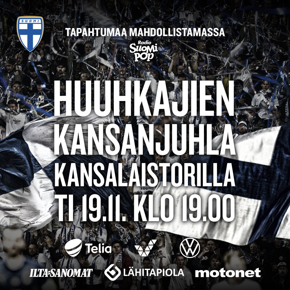 Huuhkajat's tweet photo. Me teimme sen, yhdessä! 🇫🇮❤

Suomen kansa, tervetuloa juhlimaan Huuhkajien kanssa! 💪

Illan esiintyjinä mm. Abreu, Kaija Koo, JVG ja Juha Tapio! 

Osallistu tapahtumaan ja kutsu ystäväsi 👉 https://t.co/0OIRaYmWcb

Kansanjuhla suorana Neloselta!

#Huuhkajat #SukupolvienUnelma https://t.co/pBcmi4cfBY