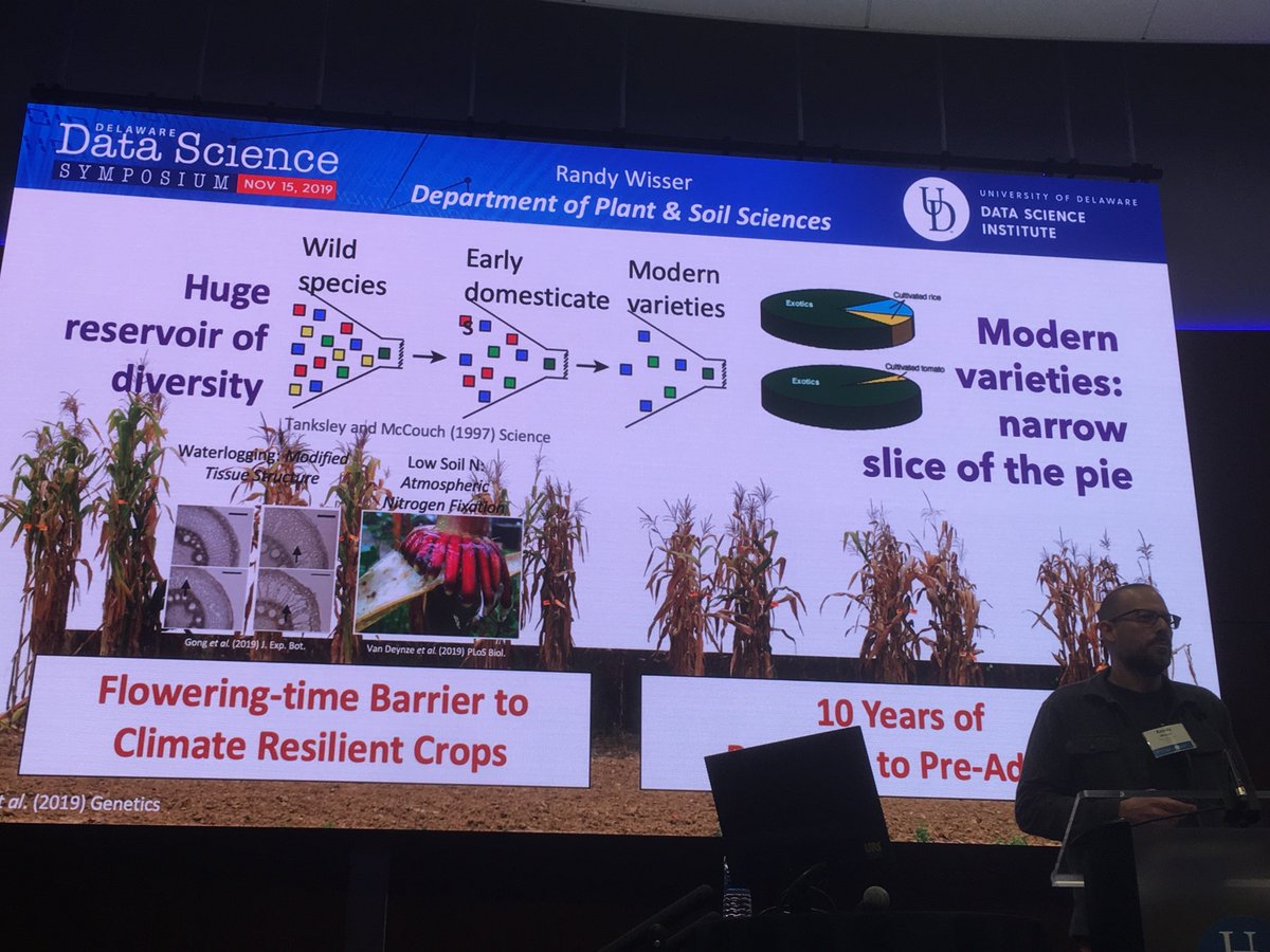 fedhere's tweet photo. Randy Wisser (Plants and Soil Sciences @UDelaware ) studies #genetic adaptations of plants through generations and geographical span linking #genomics to #GIS and enabling preadaptation to resources #datascienceUD19 https://t.co/C1CcWY8wWB