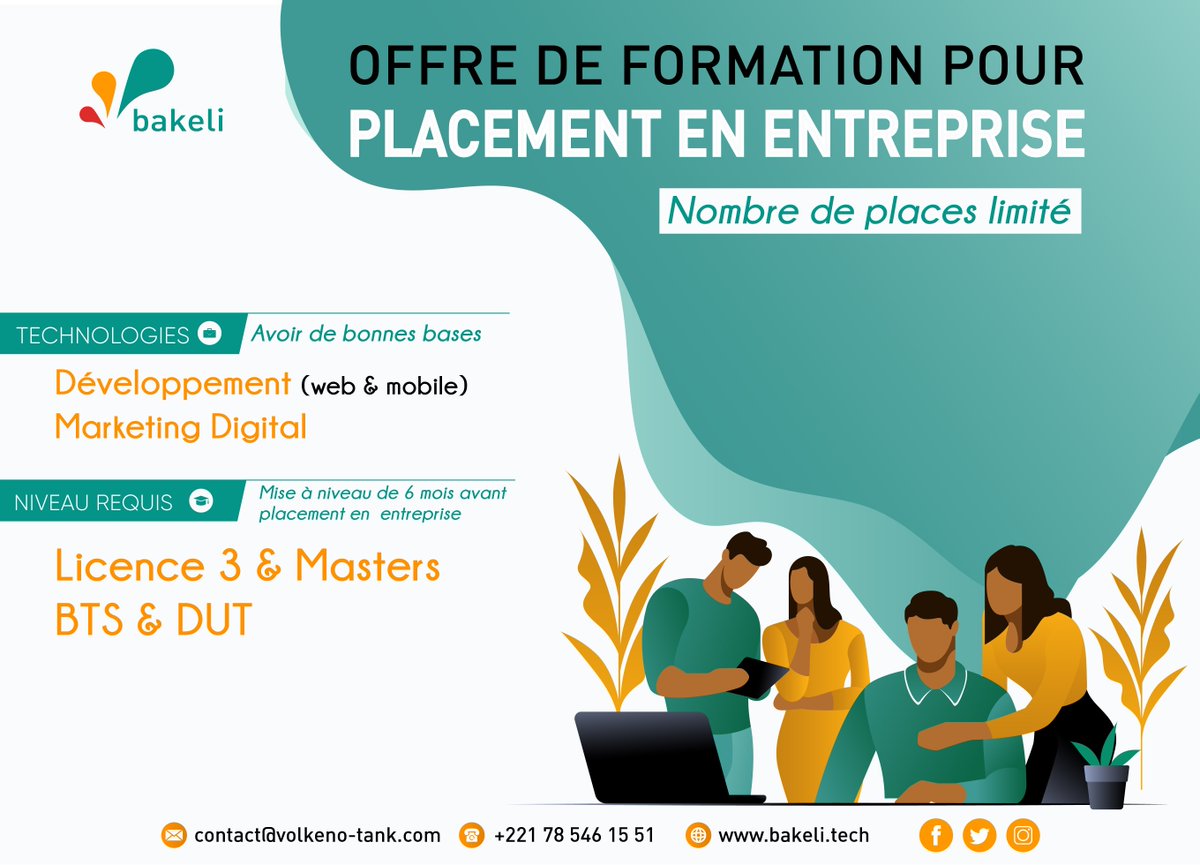 VolkenoMake's tweet photo. #Offre de #Formation
#Bakeli vous offre des formations pour vous placer chez nos partenaires.
Vous êtes disponible à temps plein et vous remplissez les conditions citées sur l'image, inscrivez-vous via le lien suivant:
https://t.co/pFHOfAl9kV
#kebetu https://t.co/K9dzYpkG9j