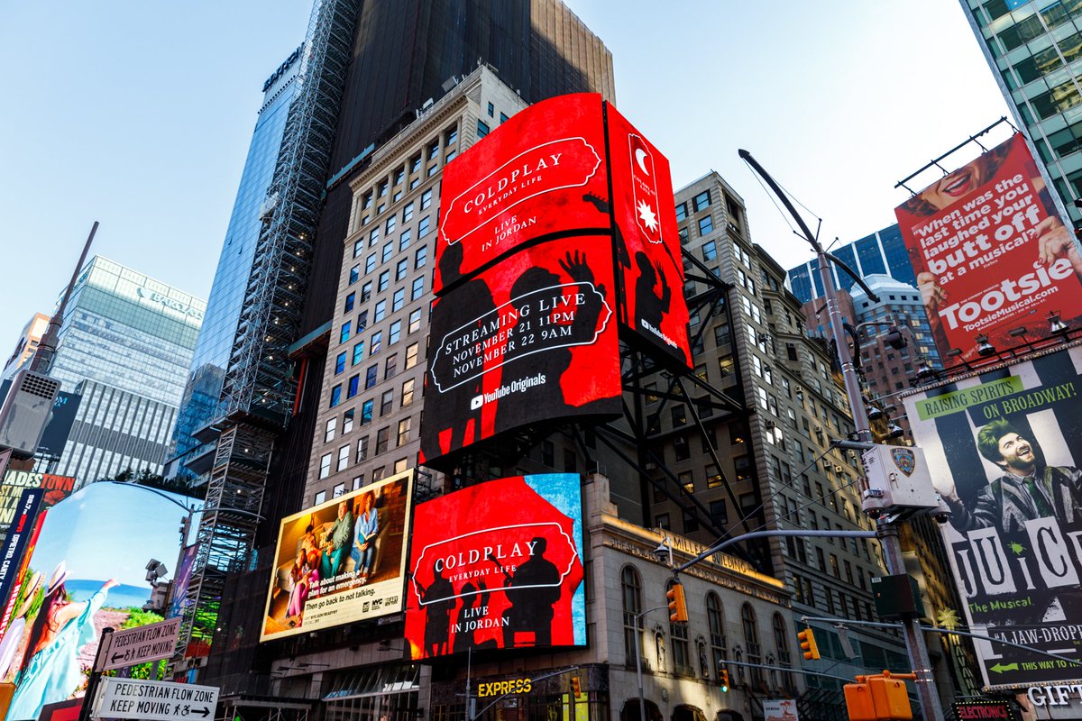 Digital billboards in Times Square NYC celebrating ONE WEEK until the release of #EverydayLife and the band's sunrise / sunset #ColdplayJordan concerts for <a href="/YouTube/">YouTube</a>, on November 22. A