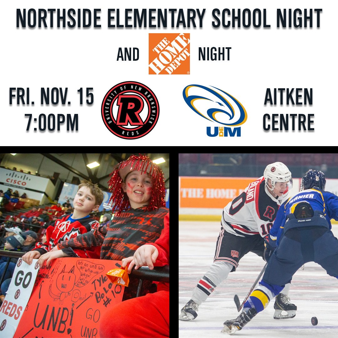 UNBAthletics's tweet photo. MHKY: Less than an hour to face-off on @ASD_West @ASDWLimelight Northside Elementary School Night and @HomeDepotCanada Night at the Aitken Centre.
@UNBMHockey takes on @aiglesbleus. Game time is 7:00pm.
#goredsgo #HDGameNight https://t.co/0OJPOht9RL