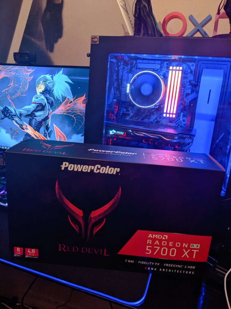 FiendTheart's tweet photo. Pulled the trigger and bought a new Gpu, staying with the AMD theme and bought a PowerColor AMD Radeon RX 5700XT Red Devil 😈.... Best bang for buck in terms of pricing for me and only a 5% less power difference to the 2070 super. #AMD2019 #powercolor #reddevil https://t.co/iewanMIHWP