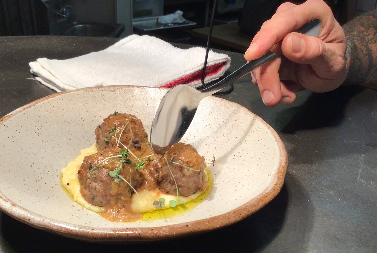 #MEATBALLS 
<a href="/PRButcher/">Porter Road Butcher</a> #pork 
@southernnaturalfarms #beef 
On KY #grits with an #andouille #creole #gravy on @sumtripottery !! #TeamLT #appetizer #eastnashville #comfortfood
