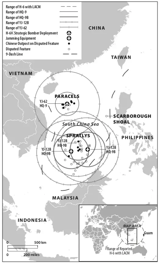 Recognizing this, in 2017 China began installing advanced A2/AD (anti-access/area denial) surface-to-air missile batteries on several of their SCS island claims.This map shows the effective range of the batteries for the known SAM assets on the islands.25/