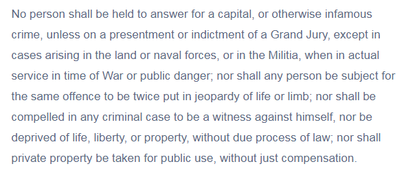 The 5th Amendment affirms five rights. Notice that due process is guaranteed when "life, liberty, or property" are in jeopardy. Impeachment jeopardizes none of those. (I rather doubt Congress has any plans to nationalize Trump's hotels, so that part's out too.)